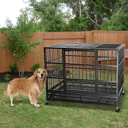 LEMBERI 42 inch Heavy Duty Indestructible Dog Crate, Escape Proof Dog Cage Kennel with Lockable Wheels,High Anxiety Double Door Dog Crate,Extra Large Crate Indoor for Large Dog with Removable Tray