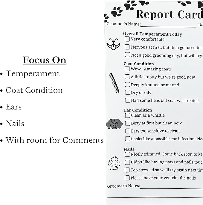Dog Grooming Report Cards (Pad of 100, 5.5 X 8.5 Inches) Pet groomers report card for grooming salon