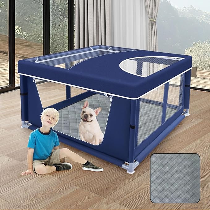 42x42 Inches Puppy Playpen with Cover&Dog Pads, Dog Playpen for Puppies or Small Dogs, Pet Playpen for Indoor & Outdoor, Sturdy Safety Dog Pen with Thickened Fabric