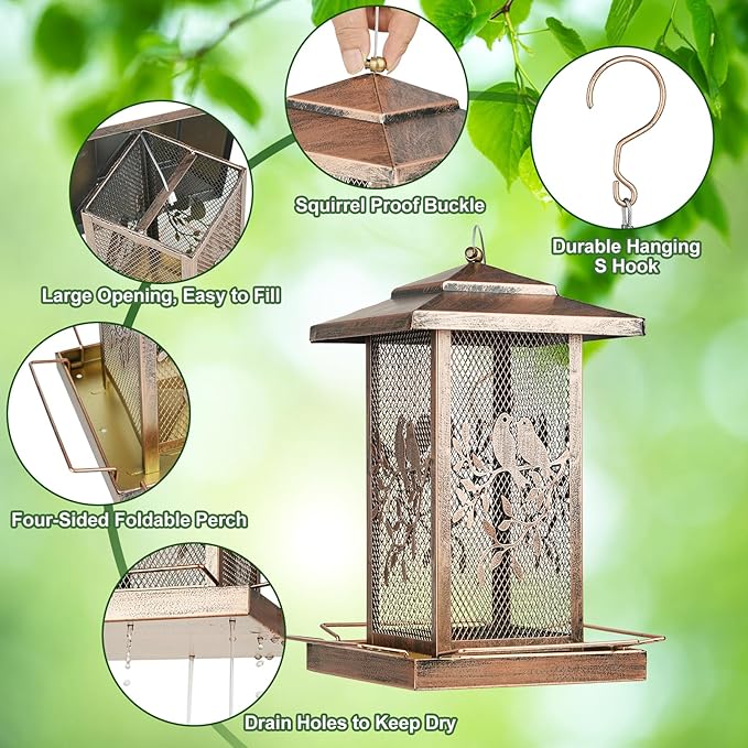 LBTING Bird Feeder for Outside, Metal Lantern-Shaped Bird Feeder, Squirrel Proof Wild Bird Feeders for Hanging Outdoor Garden Yard, Birds Pattern