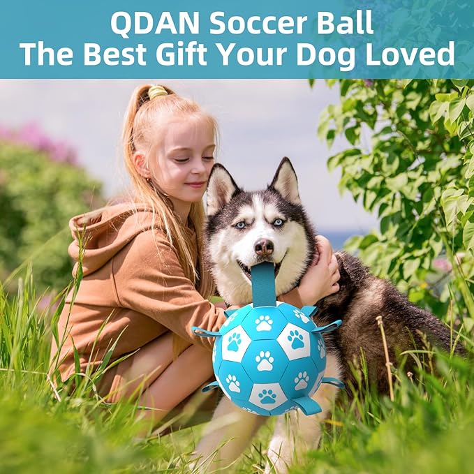 Dog Toys Soccer Ball with Straps - Durable Dog Balls for Extra Large Dogs, Dog Tug Toys for Tug of War, Beach Pool Dog Water Toy, Puppy Dog Birthday Gifts, Herding Balls for Dog, Blue White (9 Inch)