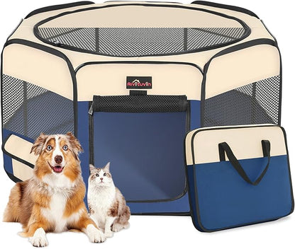 Aivituvin Dog Playpen, Foldable Pet Play Pens with Carrying Bag for Cat, Puppies, Rabbits, Portable Dog Tent Crates Cage for Travel Camping Indoor Outdoor, Removable Shade Cover, Blue L