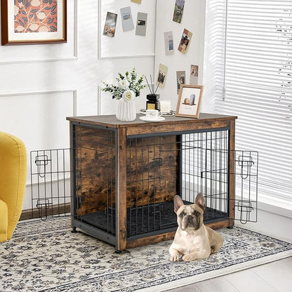 Tangkula Dog Crate Furniture with Removable Tray/Felt Mat, Wood Dog Cage End Table for Small & Medium Dogs, Industrial Double Doors Chew-Proof Dog House Dog Kennel Indoor