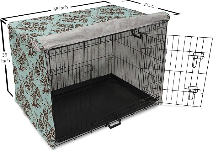 Ambesonne Art Nouveau Dog Crate Cover, Vintage Swirls Vibrant Foliage Damask Style Classic Renaissance, Easy to Use Pet Kennel Cover for Medium Large Dogs, 48 Inch, Seal Brown and Pale Blue