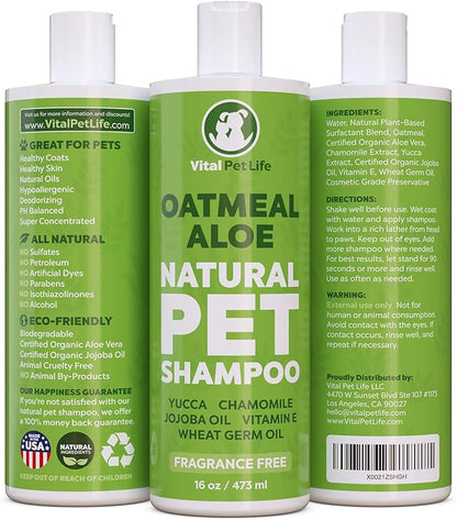 Dog Shampoo with Oatmeal, Aloe Vera, Chamomile, Jojoba Oil, Vitamin E - Natural Ingredients, Helps Allergies Dry Coats & Itchy Sensitive Skin, No Parabens or Artificial Dyes, 16 oz