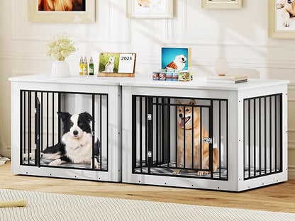 YITAHOME 76 Inch Double Dog Crate Furniture, XXL Dog Crate Furniture for 2 Dogs, Side End Table, Waterproof Top, Safety Corners, 2-in-1 Iron-Wood Fusion Dog Kennel Furniture for 2 Large Dogs,White