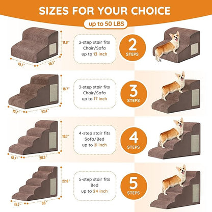 Pet stairs, Dog Stairs for Small Dogs, Dog Steps, 5-Step Curved Dog Ramp for Bed, Couch, Sofa, Car and Chairs, Non-Slip Bottom Design, Cat Scratching Board, High Density Foam Portable Pet Step, Coffee