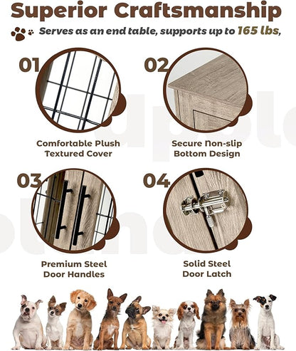 Dog Crate Furniture, 38 inch Large Dog Crates with Bed Mat, Wooden Dog Kennel Furniture, End Side Table Dog Cage with 3 Doors, Greige