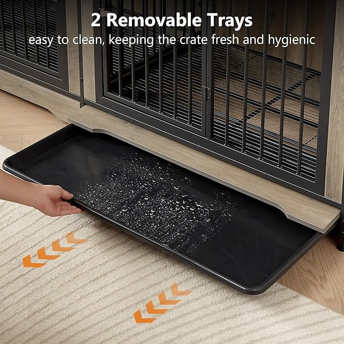 Rovibek 75 Inch Dog Crate Furniture for 2 Dogs, Wooden Dog Cage Furniture, Decorative Dog Kennels with Double Doors, Double Dog Kennel Furniture, Dog Crate TV Stand for Large Dogs, Grey