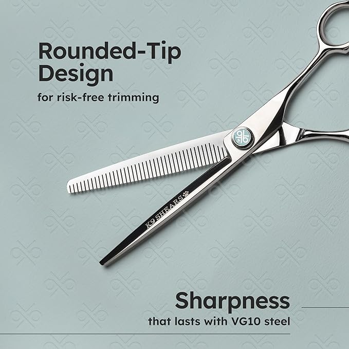 7" Dog Thinning Shears for Grooming  Blending Scissors for Face, Legs & Tail  European Style Fast Hair Release, VG10 Stainless Steel, Handcrafted, 50% Thinning Rate for Smooth Finishing