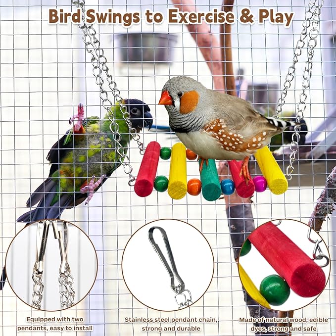 PINVNBY Bird Parakeet Toys, Bird Rope Ladder Swing Hammock Toys, Made of Natural Wood and Rope, Parakeet Cage Accessories for Parrot Budgie Conure Cockatiel (2 PCS)