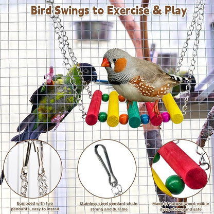 PINVNBY Bird Parakeet Toys, Bird Rope Ladder Swing Hammock Toys, Made of Natural Wood and Rope, Parakeet Cage Accessories for Parrot Budgie Conure Cockatiel (2 PCS)