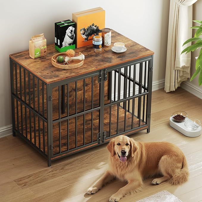 HOOBRO 38.6" Dog Crate Furniture, Wooden Dog Kennel Indoor, Chew-Resistant Heavy Duty Dog Cage for Small/Medium Dog, Decorative Side End Table, Rustic Brown and Black BF100GW03