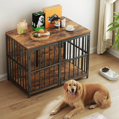 HOOBRO 38.6" Dog Crate Furniture, Wooden Dog Kennel Indoor, Chew-Resistant Heavy Duty Dog Cage for Small/Medium Dog, Decorative Side End Table, Rustic Brown and Black BF100GW03