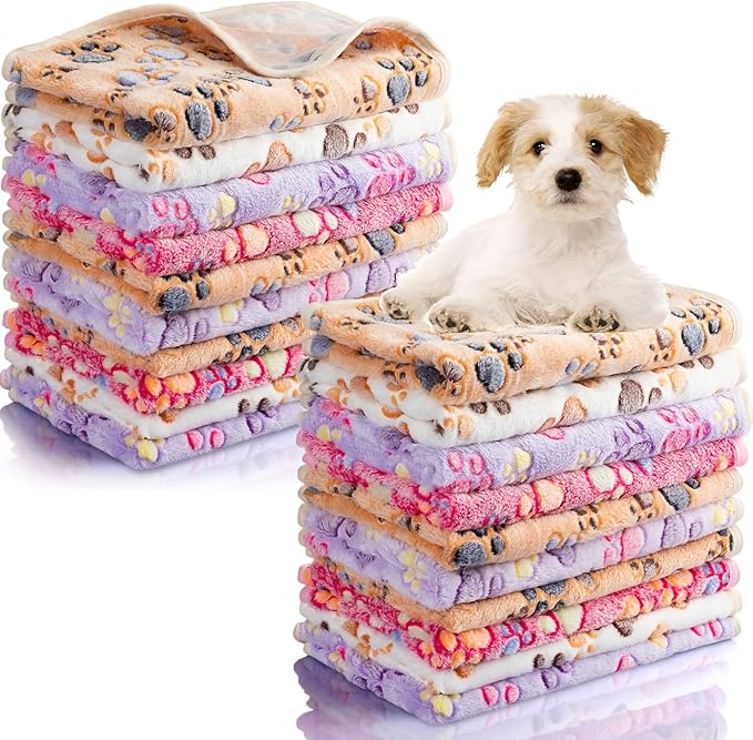 Chumia 40 Pcs Blankets Soft Fluffy Fleece Washable Pet Dog Sleep mat Paw Print Pattern Fleece Blankets for Pets Throw Warm Bed Mat for Dog Puppy Cat(24 x 16 Inch,Pink, White, Brown, Purple)