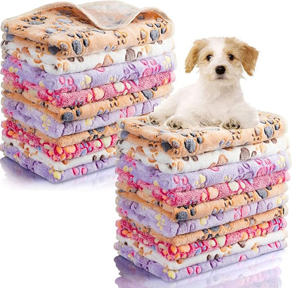 Chumia 40 Pcs Blankets Soft Fluffy Fleece Washable Pet Dog Sleep mat Paw Print Pattern Fleece Blankets for Pets Throw Warm Bed Mat for Dog Puppy Cat(24 x 16 Inch,Pink, White, Brown, Purple)