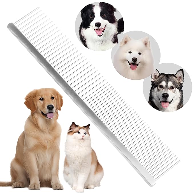 7.5 Inch Professional Stainless Steel Pet Grooming Comb for Dogs & Cats, Wide & Dense Teeth for Removing Tangles, Knots,Undercoat,Flea,Excess Hair, Rounded Corners Design for Safe,Metal Dematting Tool