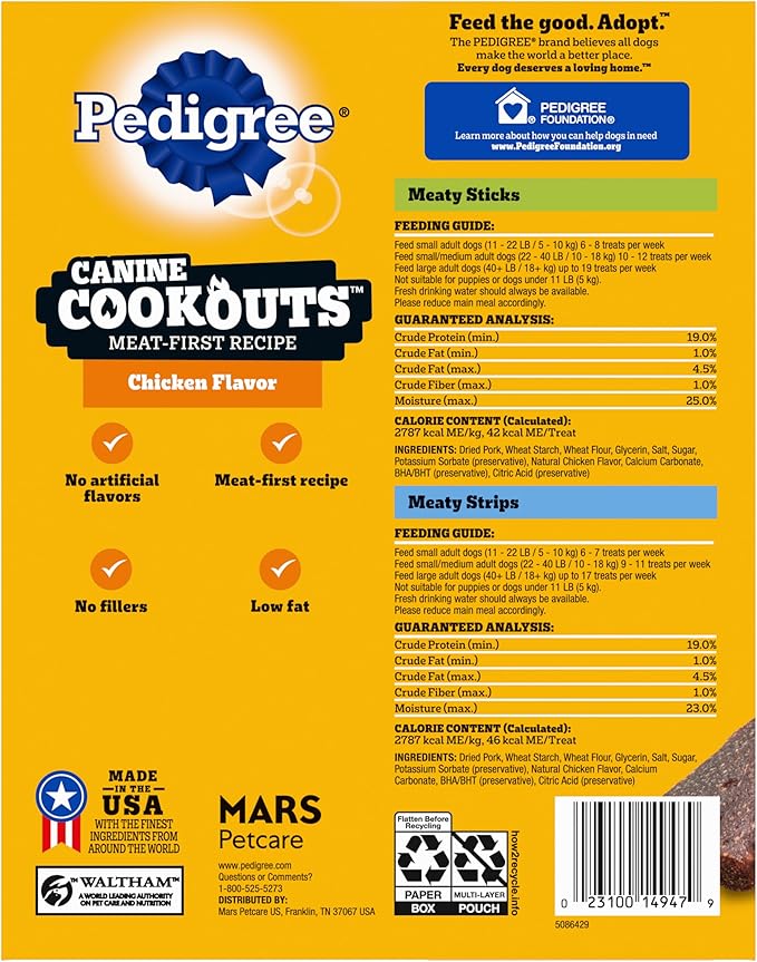 Pedigree Canine Cookout Soft Dog Treats, Chicken Flavored Meaty Sticks and Strips, (2) 18.2 oz Bags