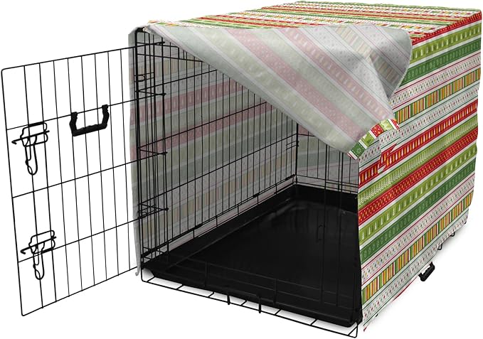Ambesonne Christmas Dog Crate Cover, Traditional Winter Seasonal Borders Stars Bells Trees Stripes Print, Easy to Use Pet Kennel Cover for Cats & Medium Dogs, 30 Inch, Lime Green