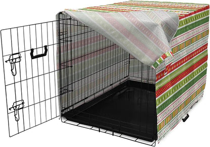 Ambesonne Christmas Dog Crate Cover, Traditional Winter Seasonal Borders Stars Bells Trees Stripes Print, Easy to Use Pet Kennel Cover for Medium Large Dogs, 48 Inch, Lime Green