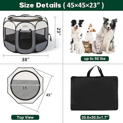 Love's cabin Pet Puppy Dog Playpen, Large Dog Tent Crates Cage Indoor/Outdoor, Portable Playpen for Cat, Foldable Pop Up Dog Kennel Playpen with Carring Case, Removable Zipper Top, Grey