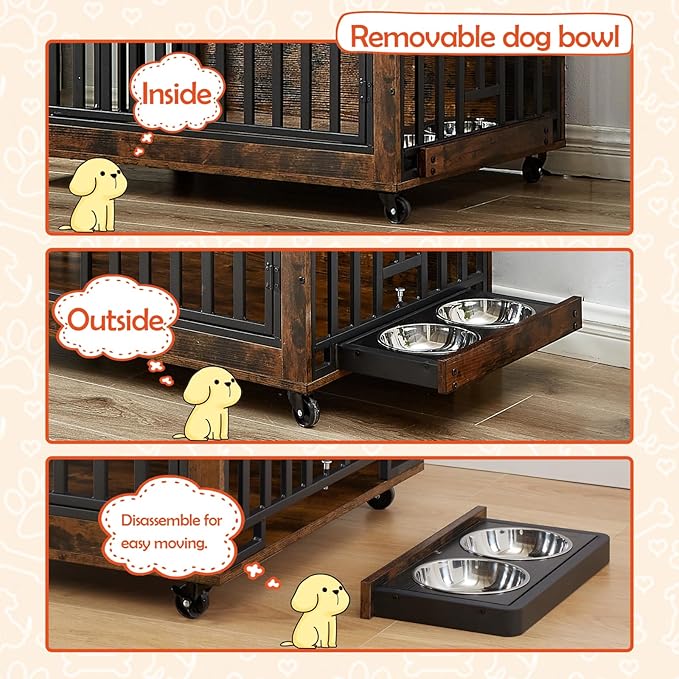 Furniture Dog Crate with Pull-Out Bowls, Wood Dog Kennel End Table with Wheels & Flip-Top, Indoor Pet House for Small to Medium Dogs/Cats, Simple Assembly Brown 43.7" W x 30" D x 33.7" H