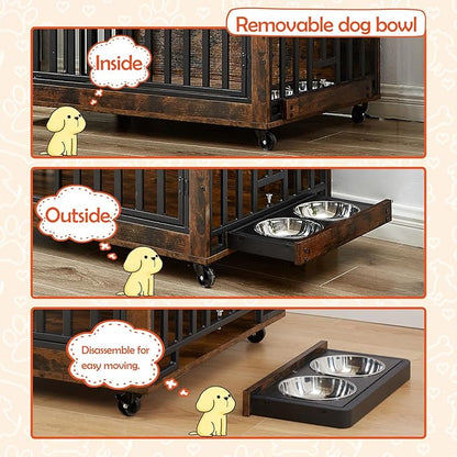 Furniture Dog Crate with Pull-Out Bowls, Wood Dog Kennel End Table with Wheels & Flip-Top, Indoor Pet House for Small to Medium Dogs/Cats, Simple Assembly Brown 43.7" W x 30" D x 33.7" H