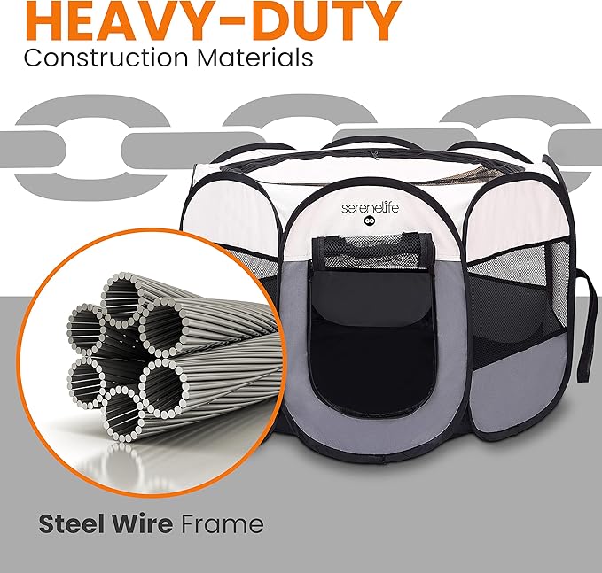 SereneLife On-The-Go Foldable Portable Pet Tent 8-Panel Playpen for Dog & Cat w/Food/Water Bowl, Mesh Exercise Puppy Playground, Pet House Indoor & Outdoor, Travel & Camping Pet Kennel (Grey, Medium)