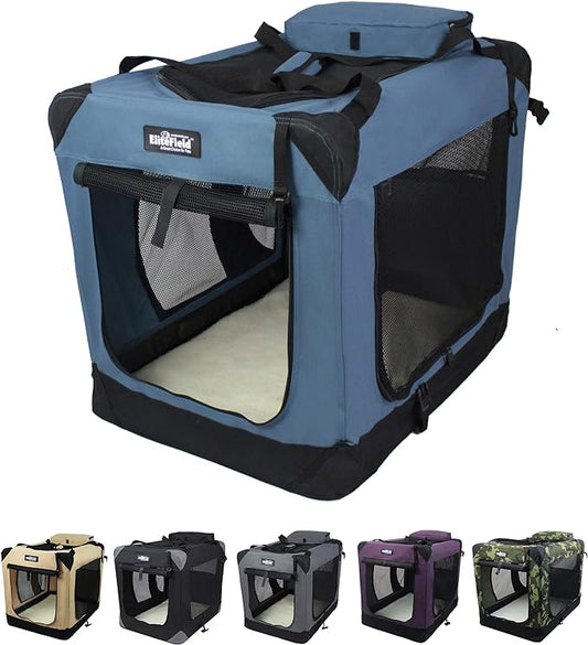 EliteField 3-Door Folding Soft Dog Crate with Carrying Bag and Fleece Bed (2 Year Warranty), Indoor & Outdoor Pet Home (30" L x 21" W x 24" H, Blue Gray)