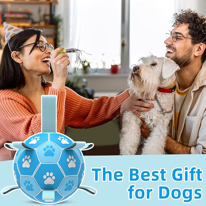 QDAN Dog Toys Balls Dog Soccer Ball with Straps, Dog Balls for Tug of War, Interactive Dog Toys, Dog Birthday Gifts, Durable Dog Water Toy for Small Medium Dogs（6 Inch）