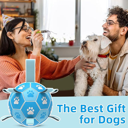 QDAN Dog Toys Balls Dog Soccer Ball with Straps, Dog Balls for Tug of War, Interactive Dog Toys, Dog Birthday Gifts, Durable Dog Water Toy for Small Medium Dogs（6 Inch）