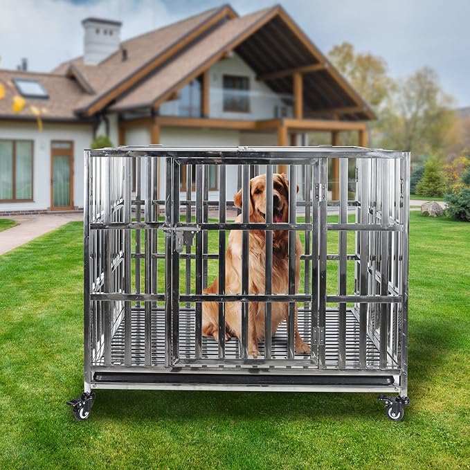37" Heavy Duty Pet Kennel Stackable Stainless Steel Dog Crate Foldable Indestructible Dog Cage Playpen with Lockable Rolling Wheels, Double Door and Removable Tray for Small and Medium Dogs