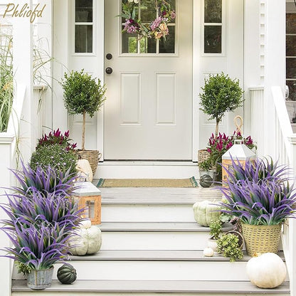 6Pcs Artificial Grass Fake Plants 17.3in Outdoor Plants UV Resistant Faux Greenery Stems Fake Grass for Home Window Garden Office Patio Pathway Front Porch Halloween Décor Green & Purple