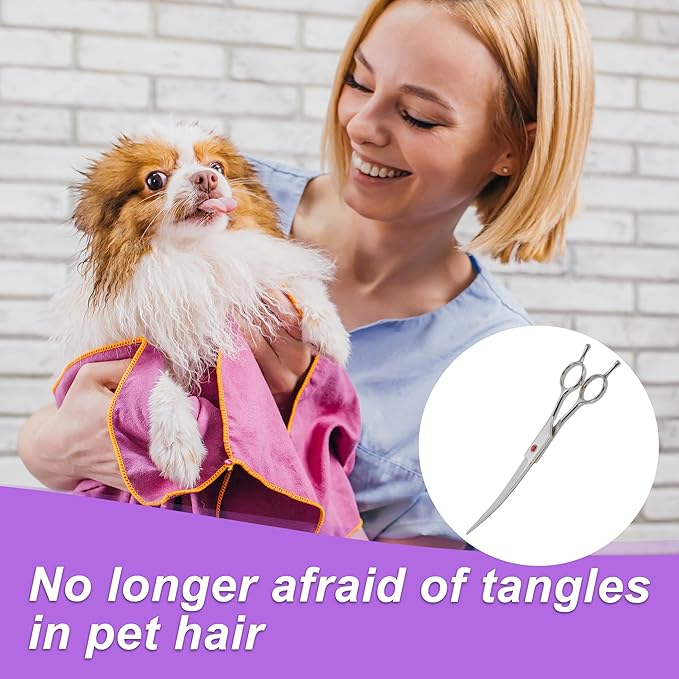 Dog Grooming Scissors, with Ergonomic Handle, Pill Popper for Cats, Upper Bend Shears, Stainless Steel Curved Shears for Dogs Cats, Silver Tone, 7.5"
