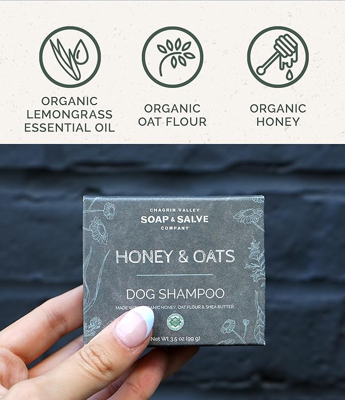 Certified Organic Dog Shampoo and Conditioner – Dog Shampoo Itchy Skin Relief and Puppy Essentials - Natural Handmade Honey & Oats, 3.8 oz Bar Soap - Chagrin Valley Soap & Salve