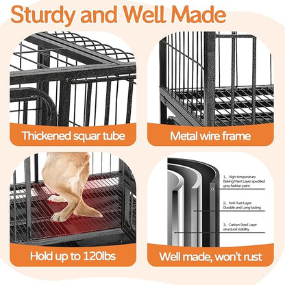 36 inch Metal Dog Crate, Dog Cage Medium Sized Dog, Heavy Duty Wire Dog Crate, High Anxiety Dog Cage Large Dogs Safe & Comfortable, Dog Kennel Indoor, Removable Cleaning Tray, 2 Lockable Wheels