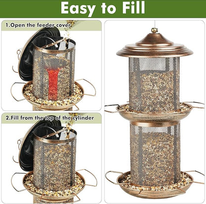 Bird Feeder for Outdoors, Double Layered Circular Tower Birdfeeder, Metal Bird Feeders with Cover Fixing Buckle for Outside Hanging, 4Lbs Capacity