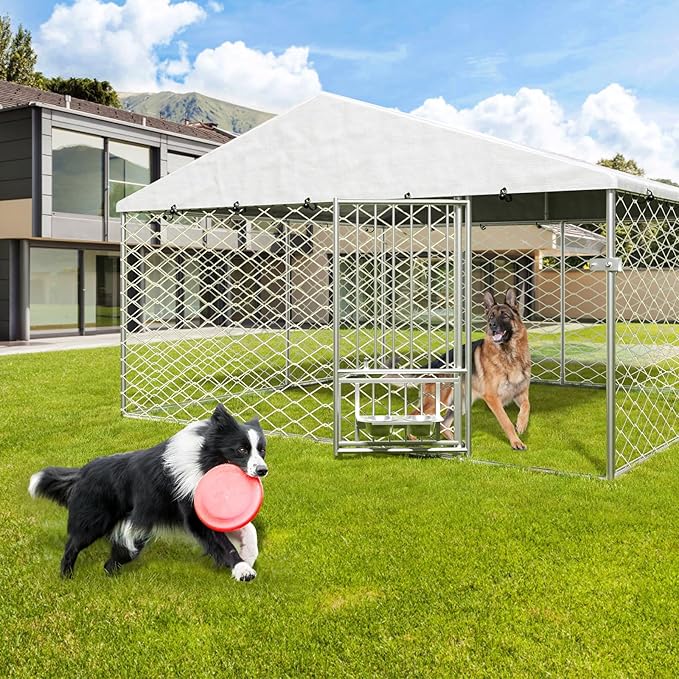 10x10 ft Dog Kennel Outdoor - Outside Dog Kennel with Roof, Heavy Duty Large Outdoor Dog Kennel, Covered Dog Outdoor Kennel with Rotating Feeder Bowls