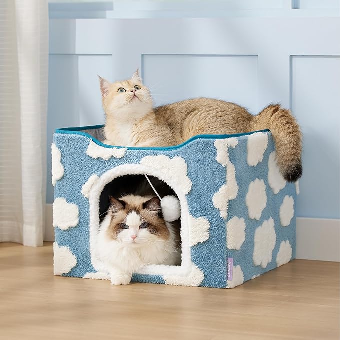 LE SURE Indoor Cat Beds Kitten House - Large Cat Cave for Pet Cube with Fluffy Ball Hanging, Foldable Small Aminal Hideaway, 17 Inches, Cozy Clouds Blue