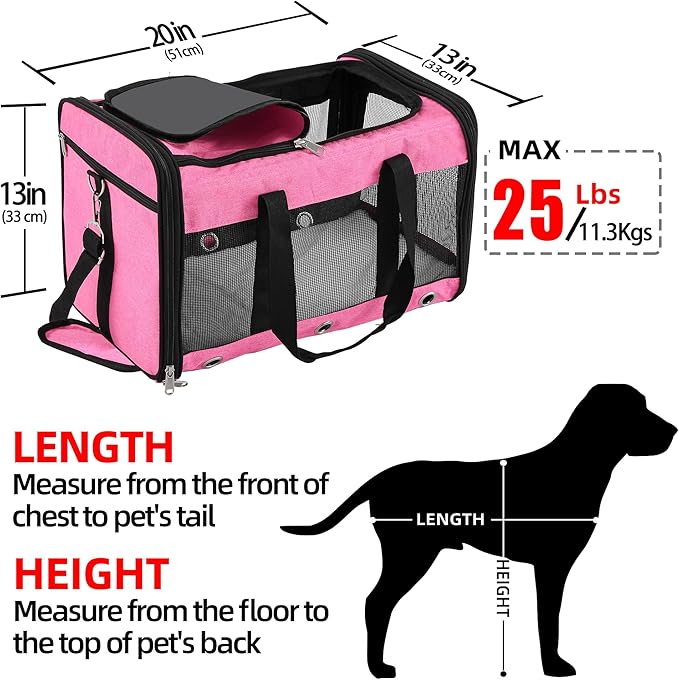 Soft Sided Cat/Dog Carrier,Collapsible Pets Travel Carriers for Pet/Puppy with Shoulder Strap & Removable Mat,Mesh Top Load Small Dogs/Cats Carry Bag Up to 25 Lbs（Pink,L）