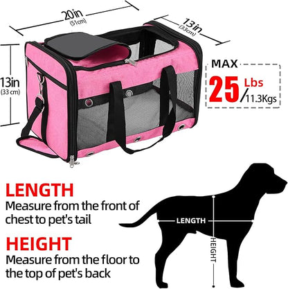 Soft Sided Cat/Dog Carrier,Collapsible Pets Travel Carriers for Pet/Puppy with Shoulder Strap & Removable Mat,Mesh Top Load Small Dogs/Cats Carry Bag Up to 25 Lbs（Pink,L）