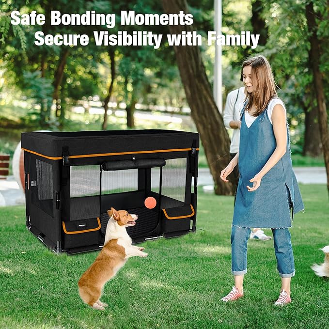 Durable Dog Playpen with Iron Frame, Heavy-Duty Pet Tent with Waterproof Base & Mesh Sides for Indoor Outdoor Use, Black