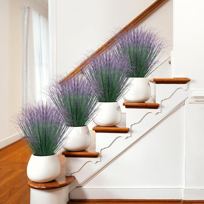 100Pcs Artificial Grass Plants, Faux Shrubs Wheat Grass, Artificial Tall Fake Plants for Outdoor Decor, Greenery Stems Weed for Room Indoor Home Decor（Green Purple Tail）