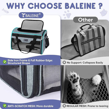 BALEINE Cat Carrier, Puppy Dog Carrier for Small Medium Pets Up to 15 Lbs, Soft-Sided Dog Travel Bag with Safety Zippers, Collapsible Pet Carrying Case (Gray, L, 17"x11"x11")