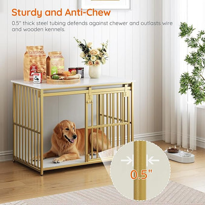 HOOBRO Dog Crate Furniture, 36.6" Heavy Duty Dog Kennel with Sliding Barn Door, Decorative Dog Crate Indoor, End Side Table for Small/Medium Dog, White and Gold DW162GW03G1