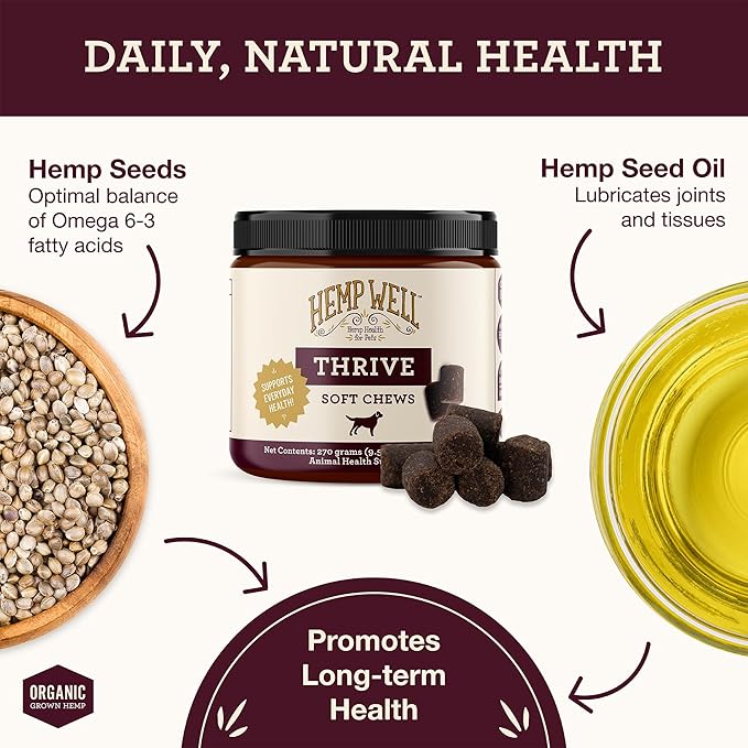 Hemp Well Thrive Chews for Dogs  Supports Hip, Joint, and Heart Health, Promotes Immune Support, Strengthens Skin and Coat, Organically Sourced  60 Count