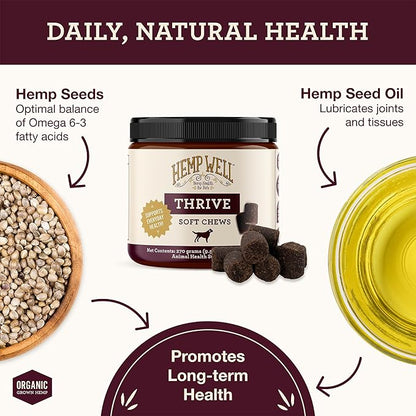 Hemp Well Thrive Chews for Dogs  Supports Hip, Joint, and Heart Health, Promotes Immune Support, Strengthens Skin and Coat, Organically Sourced  60 Count