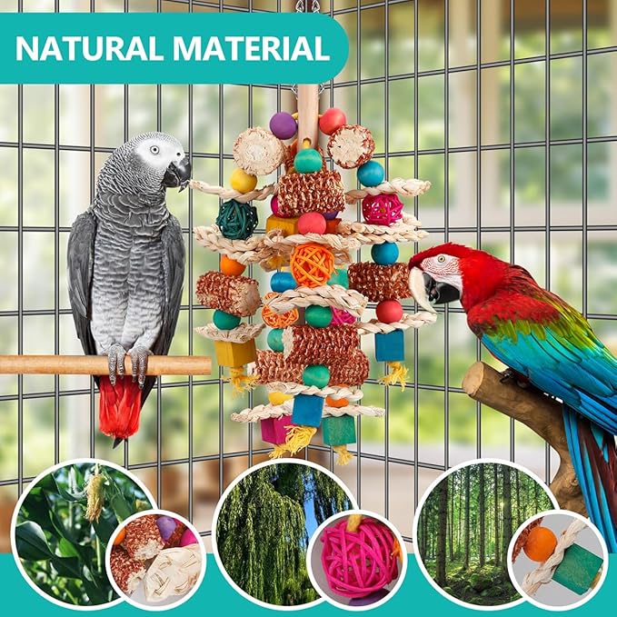 lovyoCoCo Parrot Toys Bird Toys Natural Corn Cob Bird chew Toys for Small and Medium-Sized Macaws,African Grey,Cockatoos,Amazon Parrots,Parakeet,Cockatiel,Sun Conure, Lovebird with Wooden Blocks
