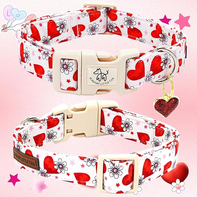 Elegant little tail Valentine's Day Dog Collar-Cute Pink Heart Dog Collar for Medium Dogs, Female or Male Adjustable Cotton Pet Collar with Quick Release Buckle for Small Medium Large Dogs