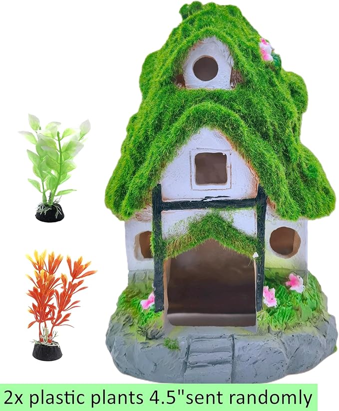 M2cbridge Aquarium Decorations Fish Hideout House Betta Cave with Green Lifelike Moss (Garden Shed)